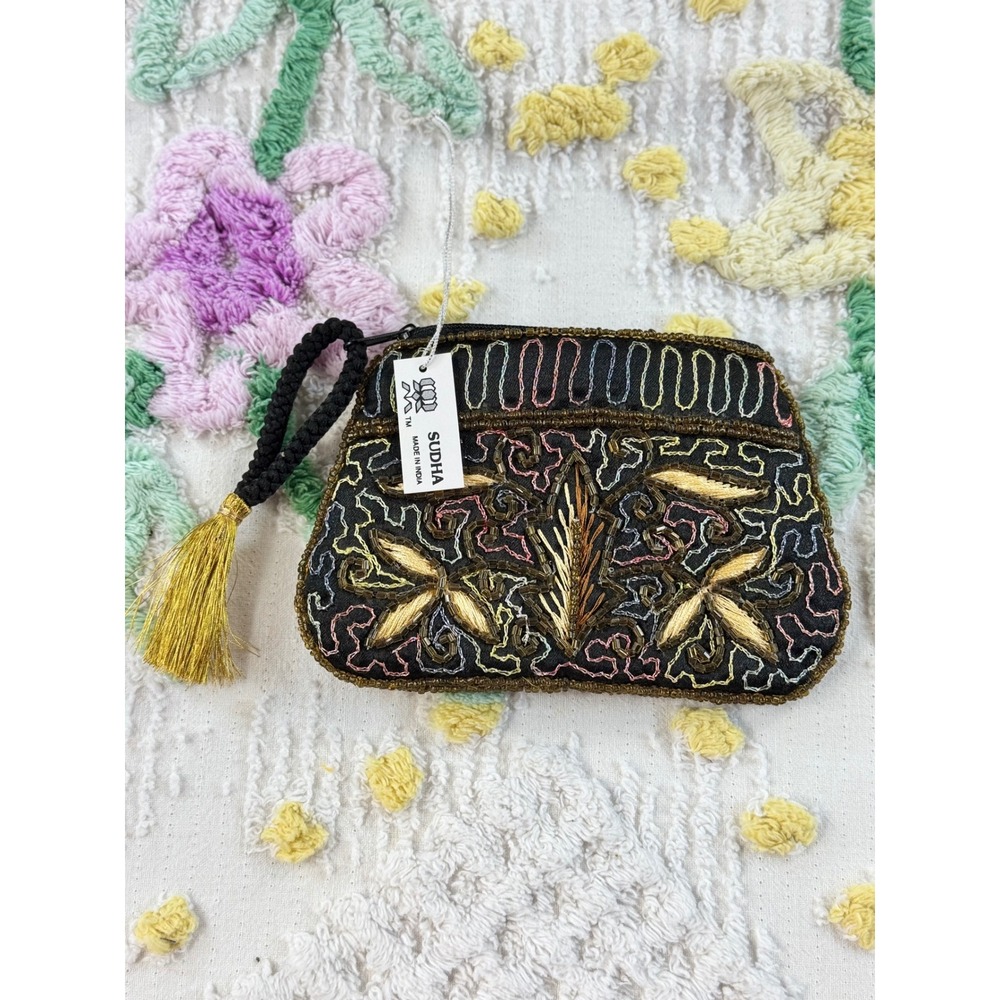 Sudha Beaded Coin Purse Black Gold Floral Embroidered Tassel Wristlet Pouch NWT‎
